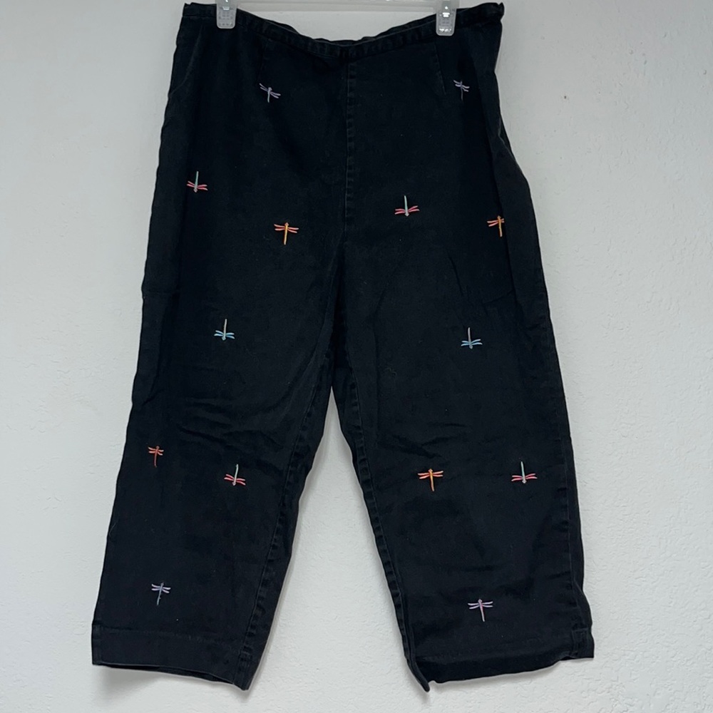 Vintage High Waist Dragonfly Embroidered goodclothes Black Capri Pants Size 14